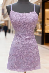 Backless Short Purple Evening Prom Dresses, Open Back Short Purple Lace Graduation Homecoming Dresses