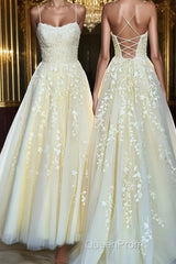 Backless Yellow Tulle Long Lace Evening Prom Dresses, Open Back Yellow Lace Formal Evening Dresses