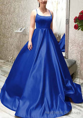 Ball Gown A-line Square Neckline Spaghetti Straps Sweep Train Satin Prom Dresses With Pleated Pockets