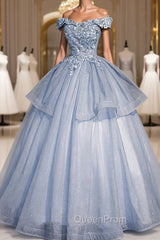 Ball Gown Blue Tulle Lace Long Party Dresses, Off the Shoulder Evening Dresses