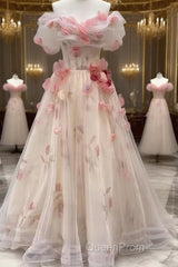 Ball Gown Champagne Floral Evening Prom Dresses Long Party Dresses