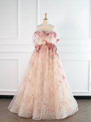 Ball Gown Champagne Tulle Floral Evening Prom Dresses