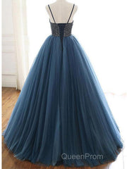 Ball Gown Deep Blue Tulle Evening Prom Dresses Evening Dresses With Beading,