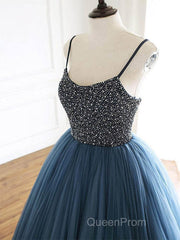 Ball Gown Deep Blue Tulle Evening Prom Dresses Evening Dresses With Beading,