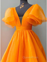 Ball Gown Evening Gown Celebrity Style Dresses Wedding Party Dresses Floor Length Short Sleeve V Neck Fall Wedding Guest Organza With Pleats Ruffles