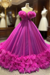 Ball Gown Fuchsia Tulle Pearls Evening Prom Dresses
