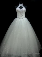 Ball-Gown Halter Beading Floor-Length Tulle Wedding Dress