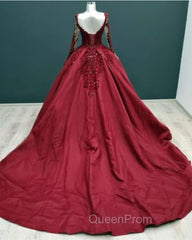 Ball Gown Long Sleeves Lace Appliques Satin V Neck Dresses