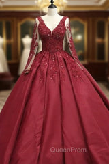 Ball Gown Long Sleeves Lace Appliques Satin V Neck Dresses