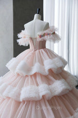 Ball Gown Off Shoulder Pink Tulle Long Evening Prom Dresses, Sweet 16 Dresses