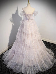 Ball Gown Off Shoulder Tulle Sequin Light Pink Long Evening Prom Dresses