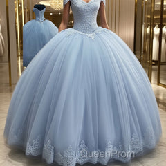 Ball Gown Off-the-Shoulder Floor-Length Tulle Evening Prom Dresses With Appliques Lace
