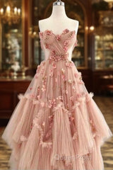 Ball Gown Pink Sweetheart Floor Length Sleeveless Lace Evening Prom Dresses