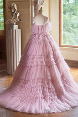 Ball Gown Pink Tulle Spaghetti Strap Long Prom Evening Dress, Pink Sweet 16 Dress