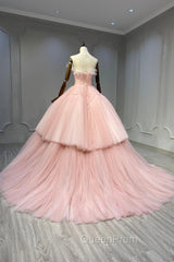 Ball Gown Pink Tulle Strapless Long Evening Prom Evening Dresses, Pink Sweet 16 Dresses
