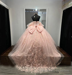 Ball-Gown Pink Tulle Sweetheart Sleeveless Quinceanera Dresses with Bow