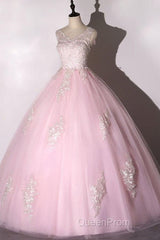 Ball Gown Pink V-Neck Evening Prom Dresses Tulle Applique Long Evening Dresses