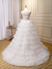 Ball-Gown/Princess Tulle White Long Evening Prom Dresses With Beading Flower Cascading Ruffles