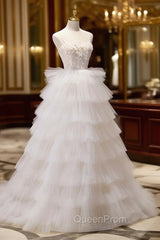 Ball-Gown/Princess Tulle White Long Evening Prom Dresses With Beading Flower Cascading Ruffles