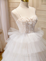 Ball-Gown/Princess Tulle White Long Evening Prom Dresses With Beading Flower Cascading Ruffles