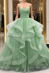 Ball Gown Evening Prom Dresses Glittering Dresses Formal Floor Length Sleeveless V Neck Tulle With Glitter Ruffles