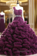 Ball Gown Purple One Shoulder Tulle Ruffle Crystal Wedding Dresses