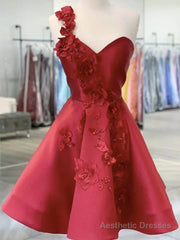 Ball Gown Red Hand-Made Flowers Satin One Shoulder Sleeveless Short Homecoming Dresses