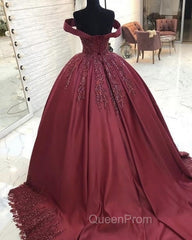 Ball Gown Satin Dresses Off The Shoulder Lace Appliques