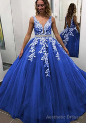 Ball Gown Sleeveless Long/Floor-Length Tulle Prom Dresses With Lace Appliqued Beading