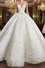Ball-Gown Spaghetti Straps Applique Floor-Length Satin Wedding Dresses