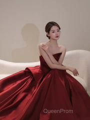 Ball Gown Strapless Burgundy Satin Evening Prom Dresses Evening Dresses