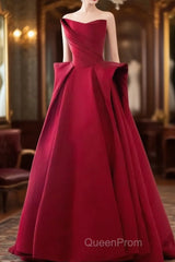 Ball Gown Strapless Burgundy Satin Evening Prom Dresses Evening Dresses