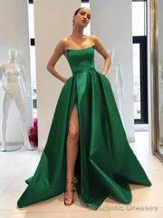 Ball Gown Strapless Sweep Train Satin Prom Dresses With Leg Slit