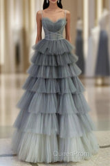 Ball Gown Strapless Tulle Long Gray Evening Prom Dresses Evening Dresses