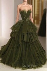 Ball Gown Strapless Tulle Long Green Evening Prom Dresses Evening Dresses
