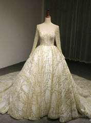 Ball Gown Tulle Gold Sequins Lace Long Sleeve Backless Wedding Dress With Long Train