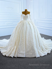 Ball Gown Tulle Sequins Long Sleeve Off the Shoulder Wedding Dress