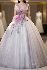Ball Gown Tulle V-neck Pleats Appliques Quinceanera Dresses