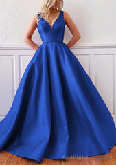 Ball Gown V Neck Sleeveless Satin Sweep Train Prom Dresses