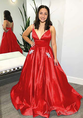 Ball Gown V Neck Spaghetti Straps Sweep Train Satin Prom Dresses With Pockets Beading