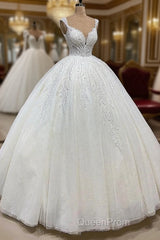 Ball Gown V-neck Wide Strap Floor Length Tulle Applique Wedding Dresses
