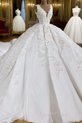 Ball Gown V-neck Wide Strap Short Train Tulle Applique Wedding Dresses