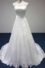 Bateau A-Line Lace Sash Bowknot Sleeveless Wedding Dresses
