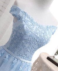 Sky Blue A Line Lace Off Shoulder Evening Prom Dresses, Lace Evening Dresses