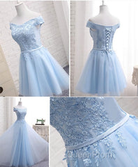 Sky Blue A Line Lace Off Shoulder Evening Prom Dresses, Lace Evening Dresses