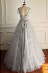 Beaded Lace Appliques Tulle V-Neck Gray A-Line Wedding Dresses