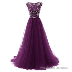 Beaded Tulle Long Party Gown, Tulle Cap Sleeves Formal Dresses
