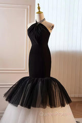 Beading Mermaid Black And White Halter Tulle Evening Prom Dresses