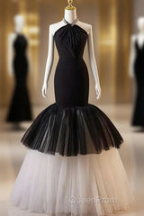 Beading Mermaid Black And White Halter Tulle Evening Prom Dresses