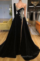 Beading Sweetheart A-line Black Evening Prom Dresses With One Sleeve